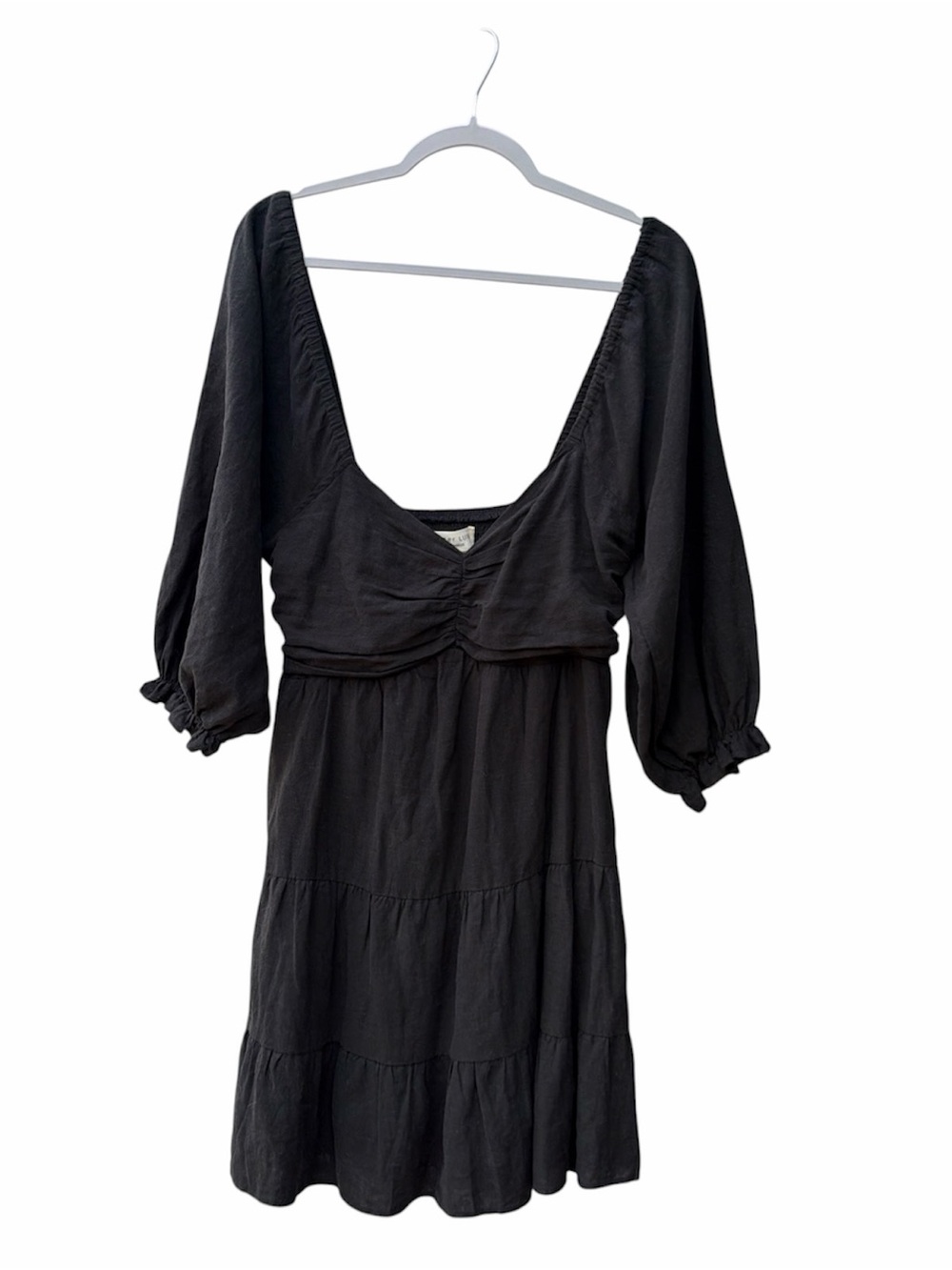 Saltwater Luxe Black Balloon 3/4 Sleeve Mini 100% Linen dress Women Size L